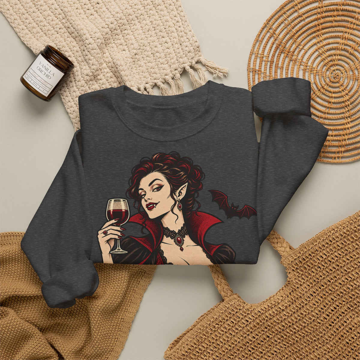 Halloween A Little Batty Too Crewneck Sweatshirt | Vampire Woman Wine Sweater | Gothic Halloween Gift