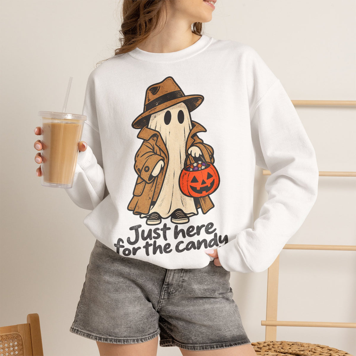 Funny Ghost Detective Halloween Crewneck Sweatshirt | Trick or Treat Candy Lover Gift