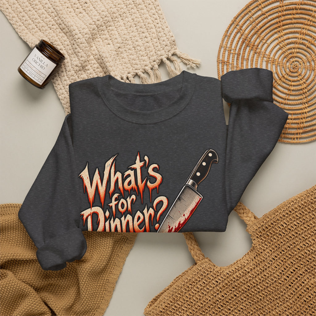 Halloween Whats For Dinner Crewneck Sweatshirt | Bloody Knife Pumpkin Horror Sweater | Spooky Halloween Gift