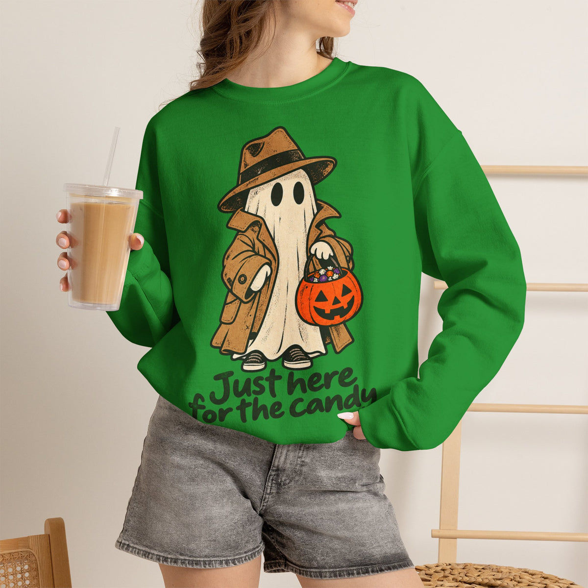 Funny Ghost Detective Halloween Crewneck Sweatshirt | Trick or Treat Candy Lover Gift