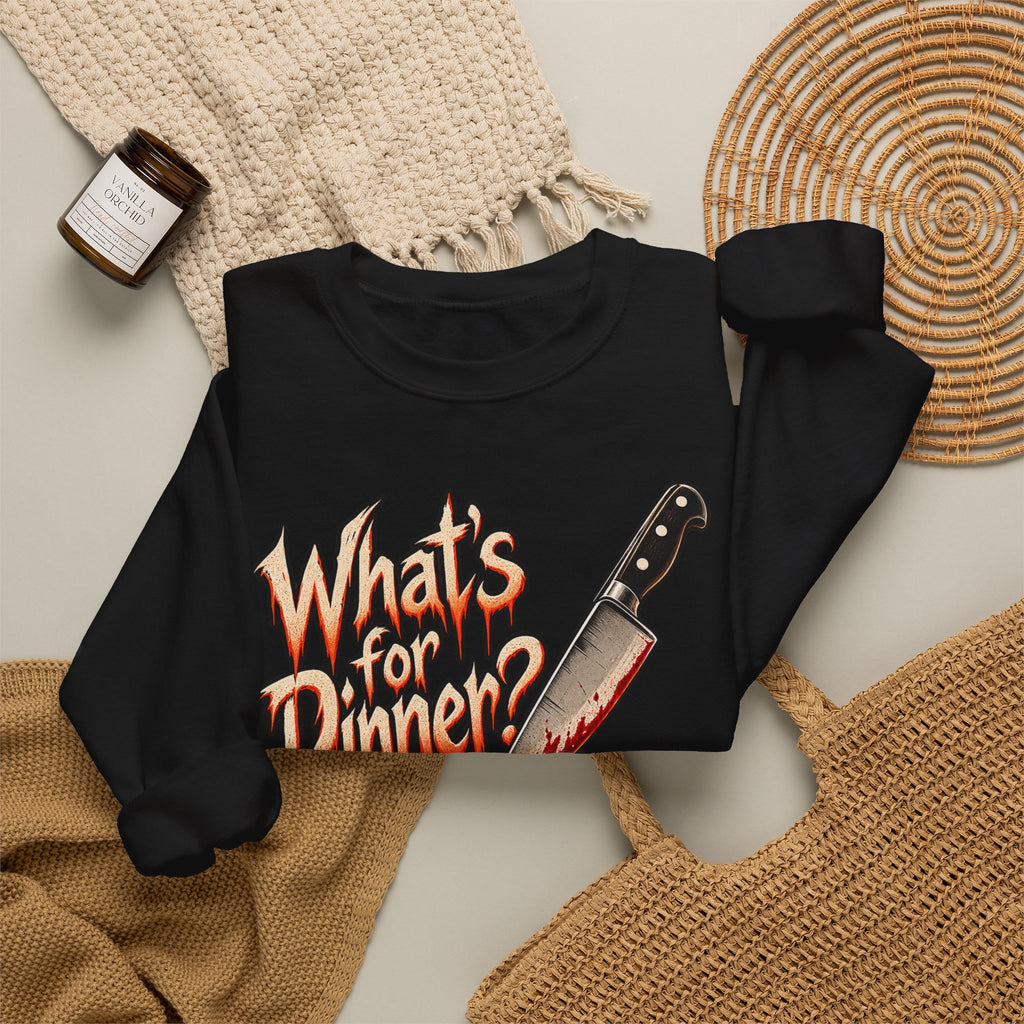 Halloween Whats For Dinner Crewneck Sweatshirt | Bloody Knife Pumpkin Horror Sweater | Spooky Halloween Gift