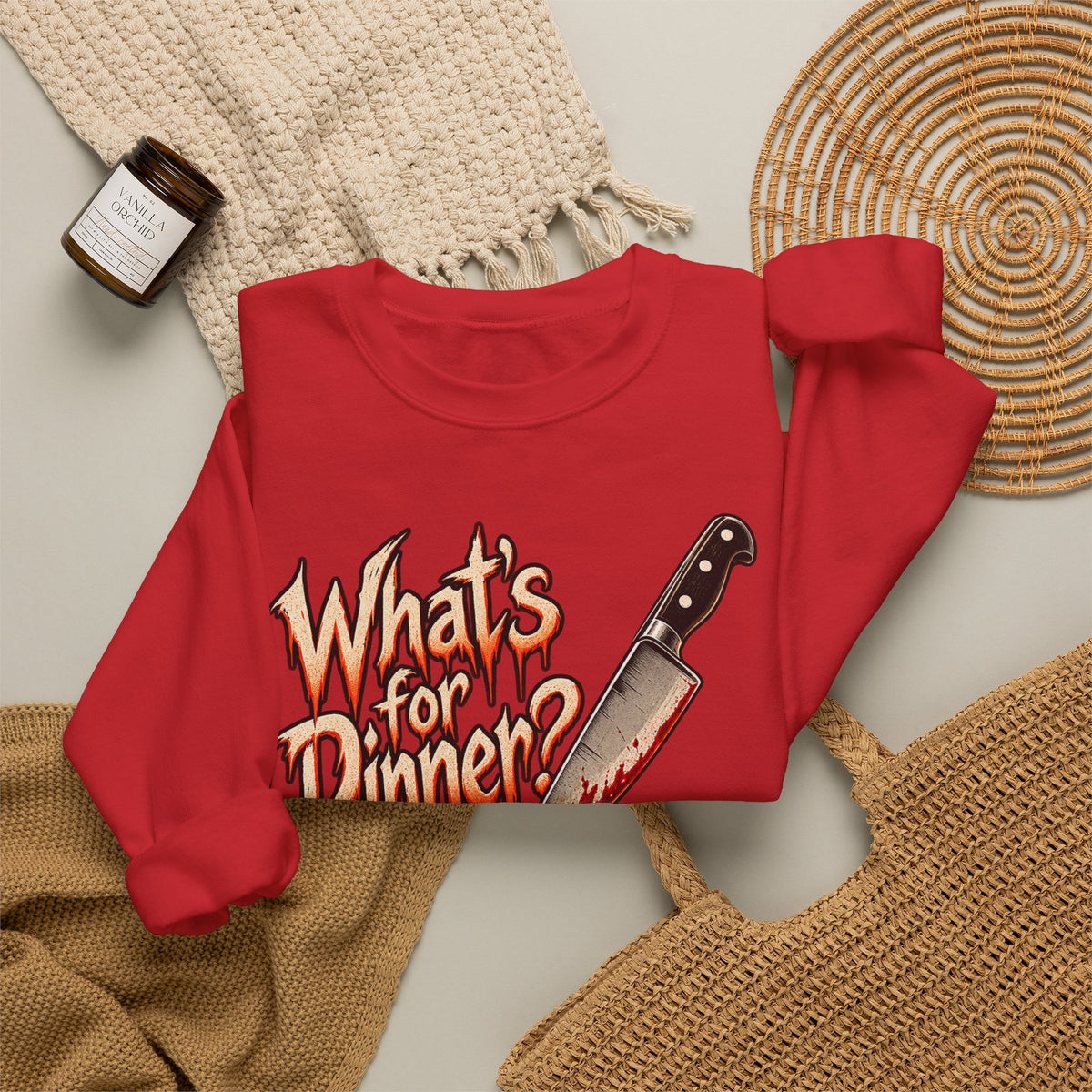 Halloween Whats For Dinner Crewneck Sweatshirt | Bloody Knife Pumpkin Horror Sweater | Spooky Halloween Gift