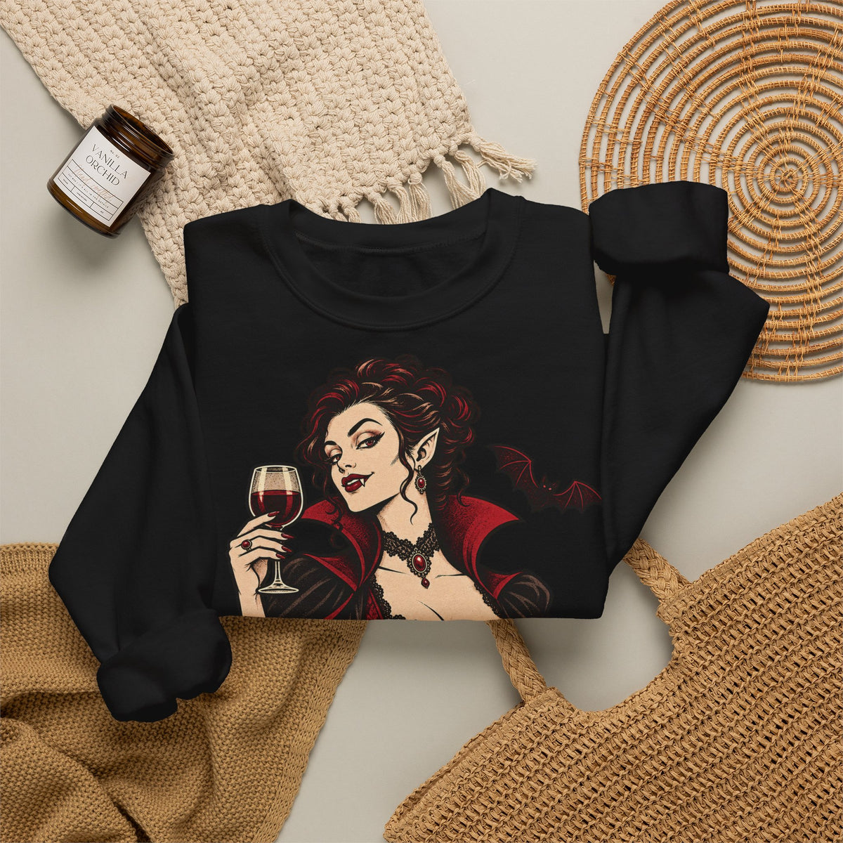 Halloween A Little Batty Too Crewneck Sweatshirt | Vampire Woman Wine Sweater | Gothic Halloween Gift
