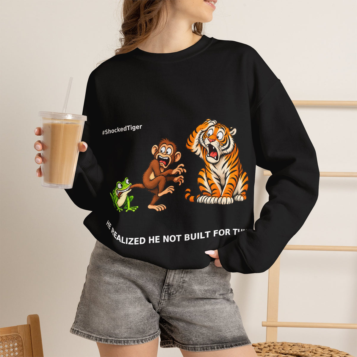 Shocked Tiger Sweatshirt | Funny Frog Monkey Tiger Meme Crewneck | Internet Humor Sweater