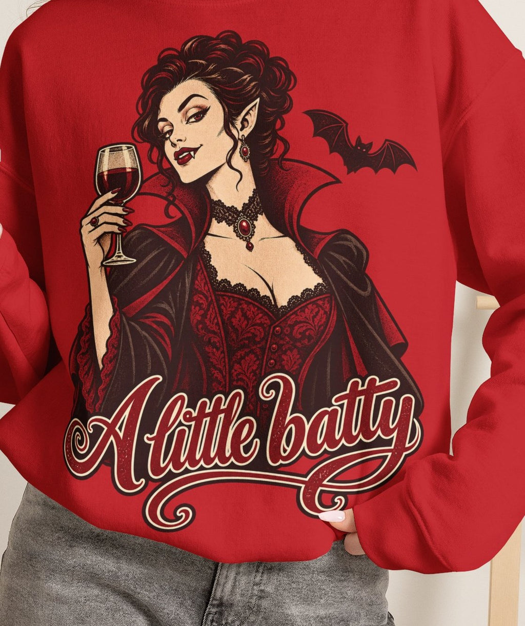 Halloween A Little Batty Too Crewneck Sweatshirt | Vampire Woman Wine Sweater | Gothic Halloween Gift