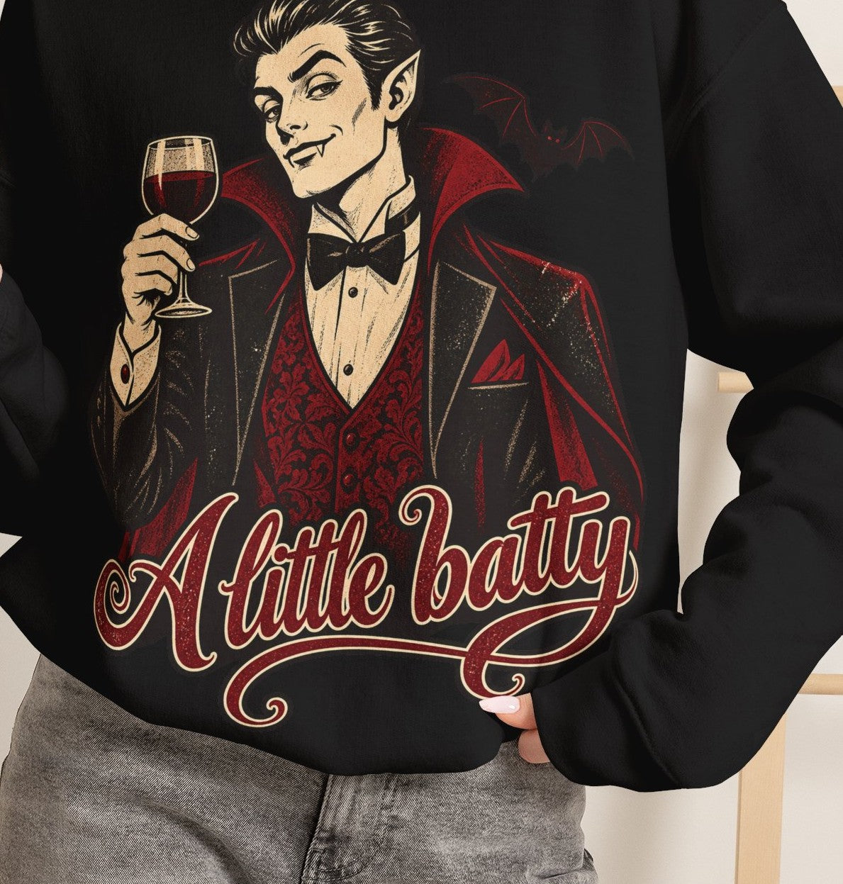 Halloween A Little Batty Crewneck Sweatshirt | Vampire Gentleman Wine Sweater | Gothic Halloween Gift