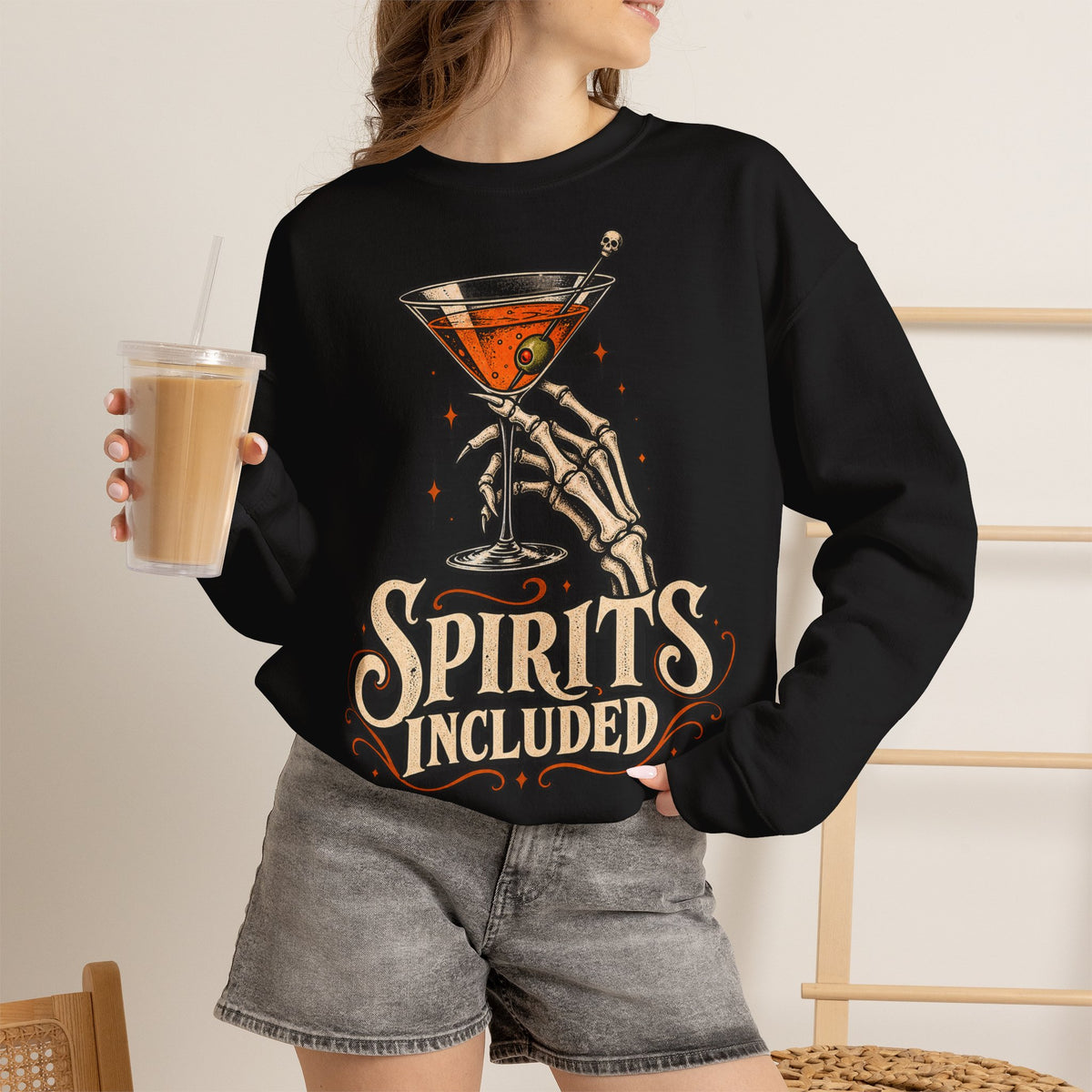 Halloween Spirits Included Crewneck Sweatshirt | Skeleton Cocktail Sweater | Spooky Martini Halloween Gift