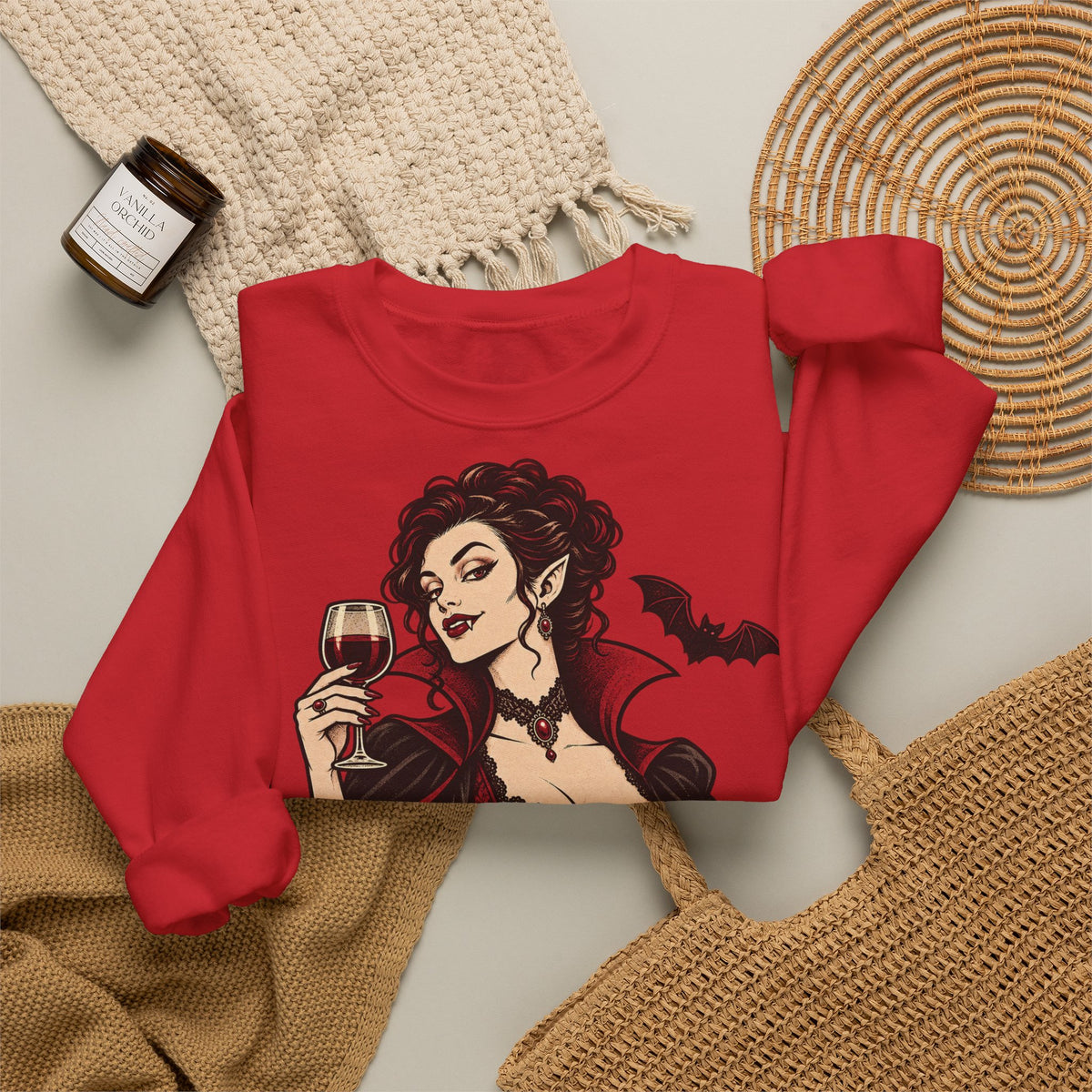 Halloween A Little Batty Too Crewneck Sweatshirt | Vampire Woman Wine Sweater | Gothic Halloween Gift