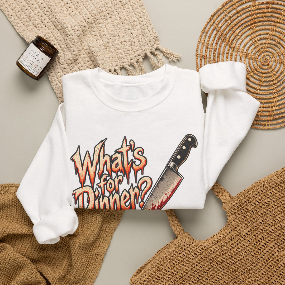 Halloween Whats For Dinner Crewneck Sweatshirt | Bloody Knife Pumpkin Horror Sweater | Spooky Halloween Gift