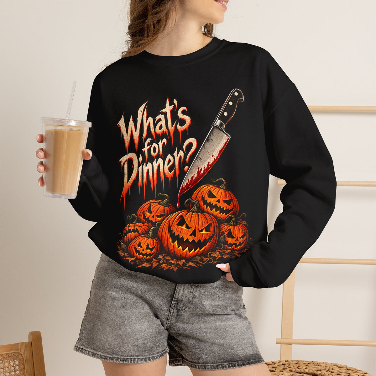 Halloween Whats For Dinner Crewneck Sweatshirt | Bloody Knife Pumpkin Horror Sweater | Spooky Halloween Gift
