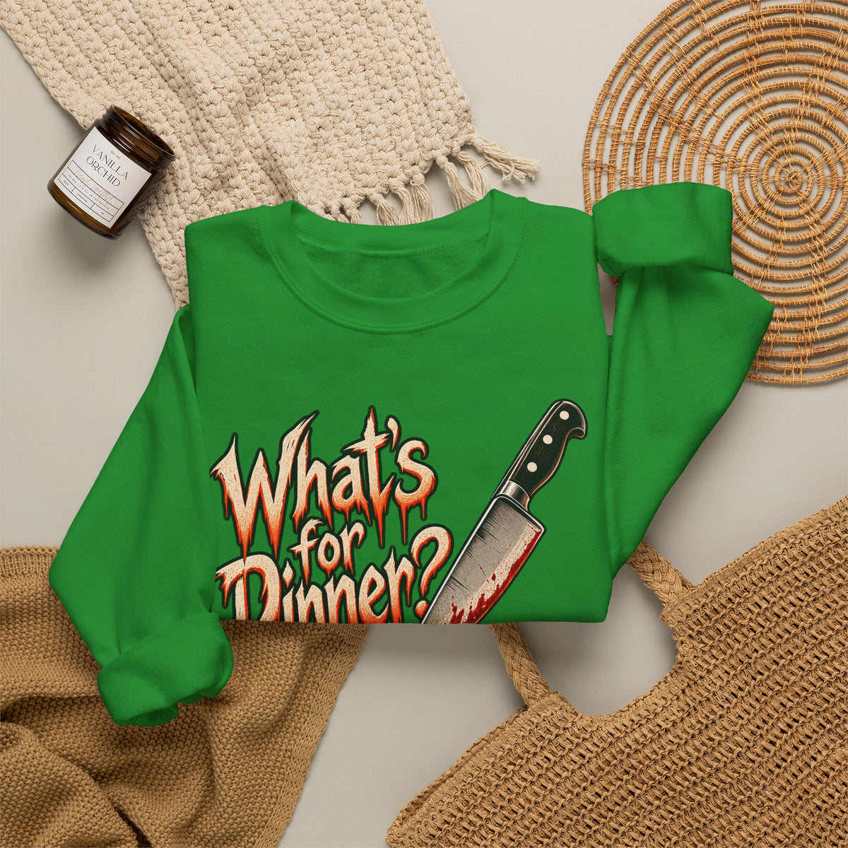 Halloween Whats For Dinner Crewneck Sweatshirt | Bloody Knife Pumpkin Horror Sweater | Spooky Halloween Gift