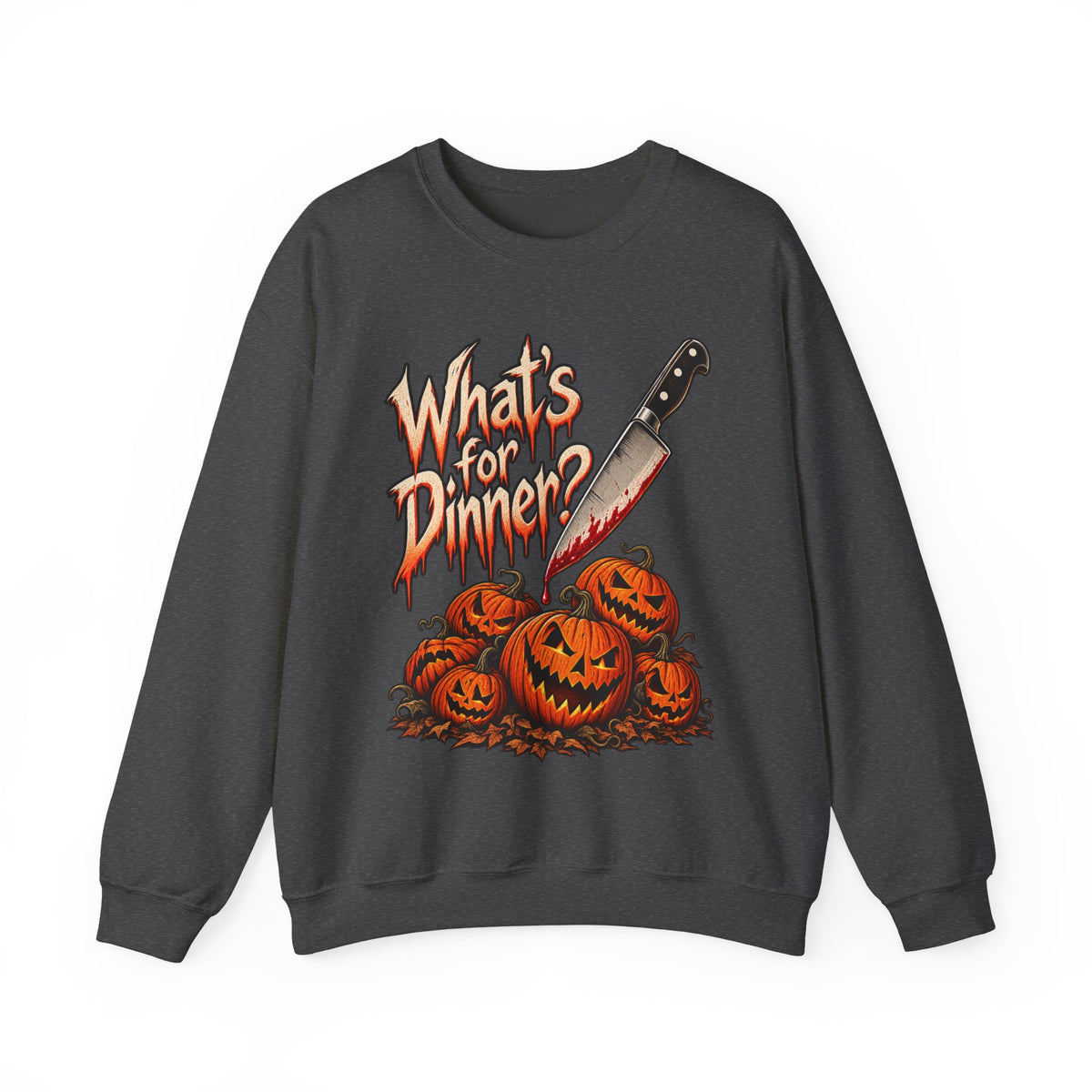 Halloween Whats For Dinner Crewneck Sweatshirt | Bloody Knife Pumpkin Horror Sweater | Spooky Halloween Gift