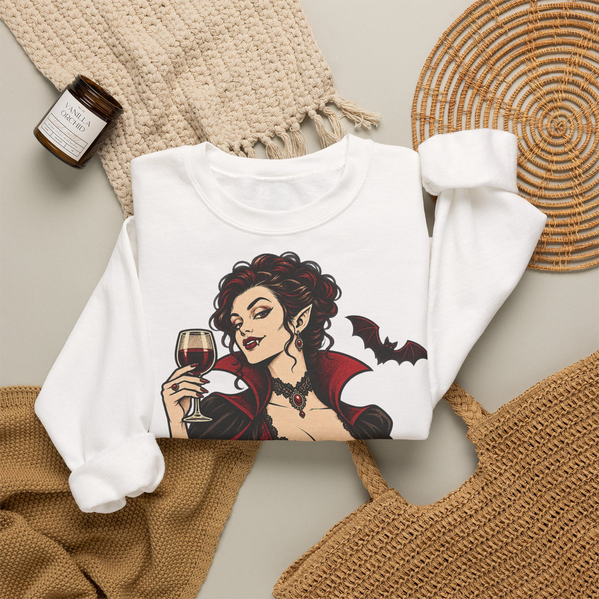 Halloween A Little Batty Too Crewneck Sweatshirt | Vampire Woman Wine Sweater | Gothic Halloween Gift
