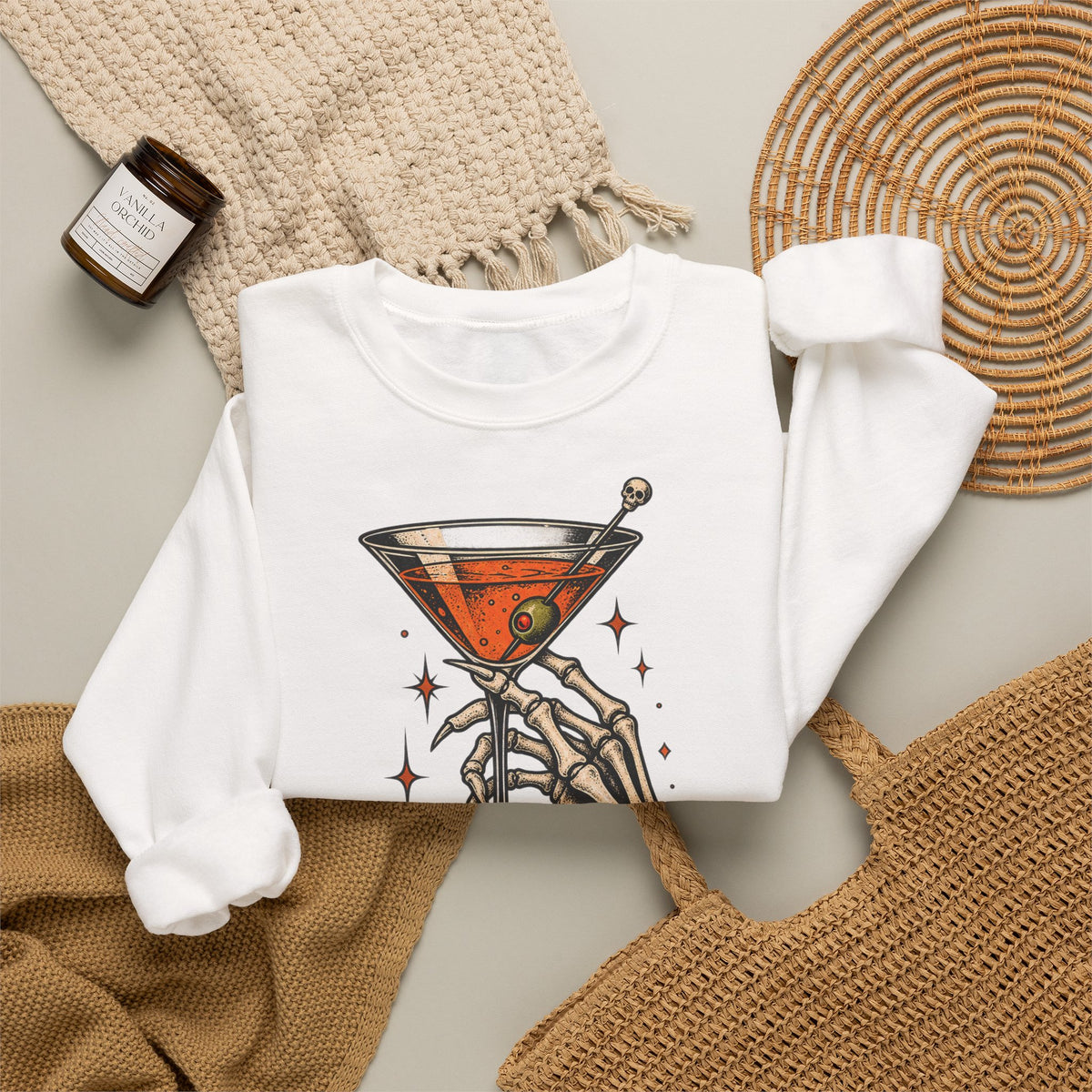Halloween Spirits Included Crewneck Sweatshirt | Skeleton Cocktail Sweater | Spooky Martini Halloween Gift