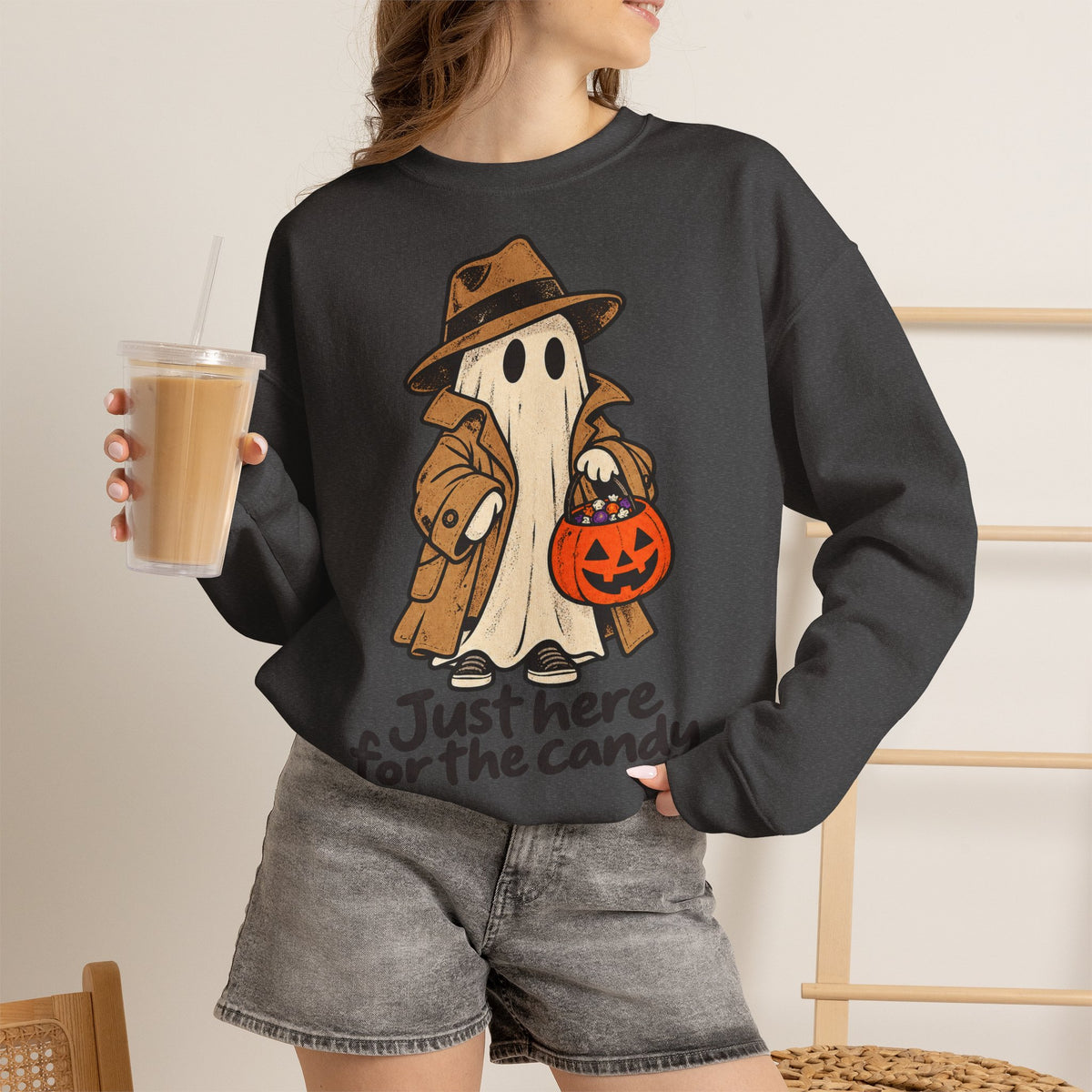 Funny Ghost Detective Halloween Crewneck Sweatshirt | Trick or Treat Candy Lover Gift