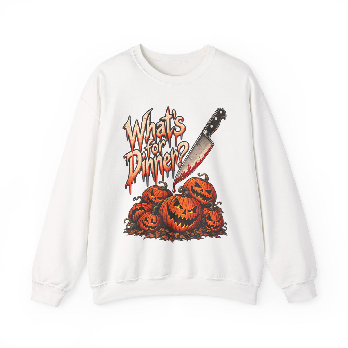 Halloween Whats For Dinner Crewneck Sweatshirt | Bloody Knife Pumpkin Horror Sweater | Spooky Halloween Gift